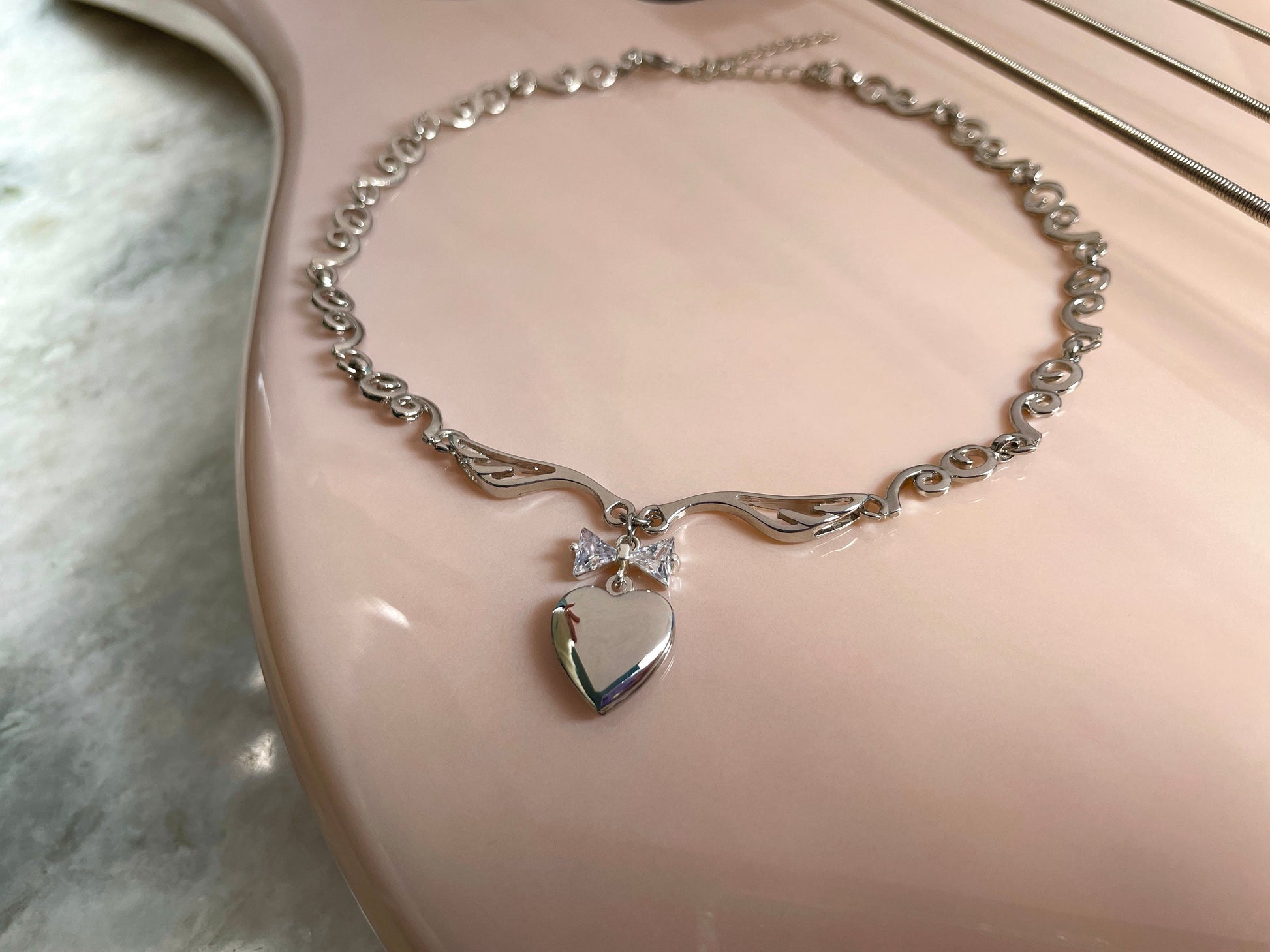 Coquette Heart Locket Bow Necklace 